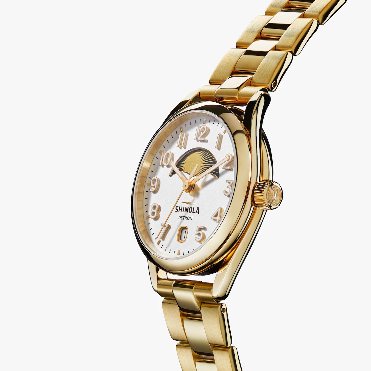 Shinola Day & Night Derby 38mm Watch with White Dial and Gold Tone Stainless Steel Bracelet (quartz movement)