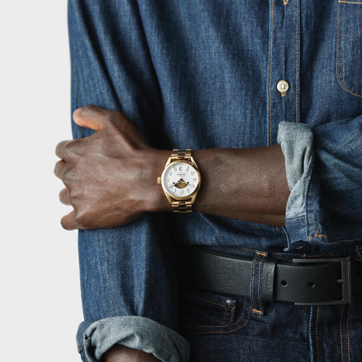 Shinola Day & Night Derby 38mm Watch with White Dial and Gold Tone Stainless Steel Bracelet (quartz movement)
