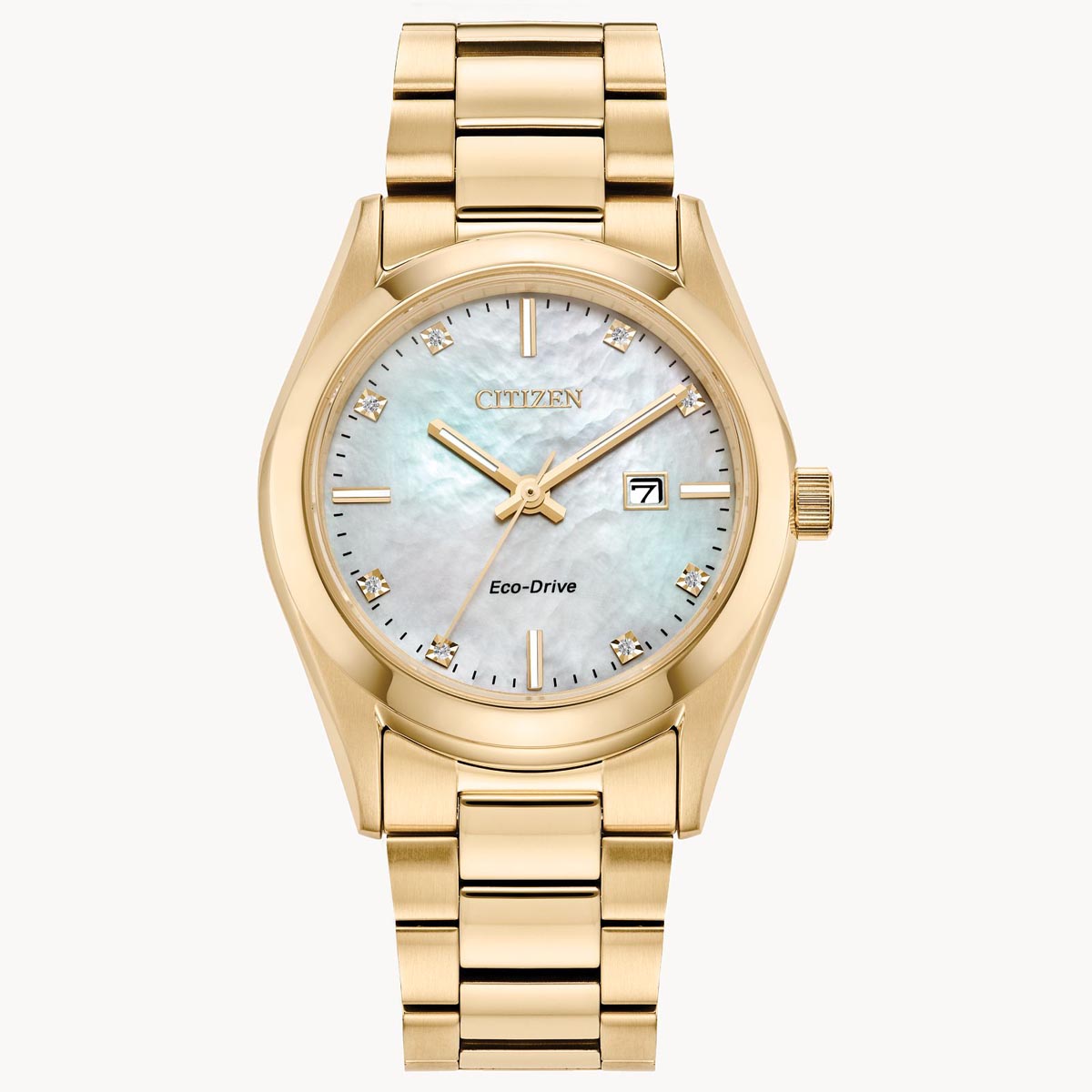 Citizen Sport Luxury Womens Diamond Watch with Mother of Pearl Dial and Gold Tone Stainless Steel Bracelet (eco drive movement)