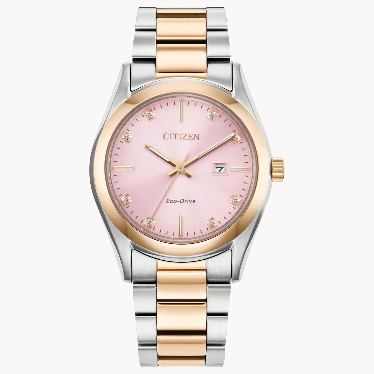 Citizen Sport Luxury Womens Diamond Watch with Pink Dial and Stainless Steel with Gold Tone Bracelet (eco drive movement)