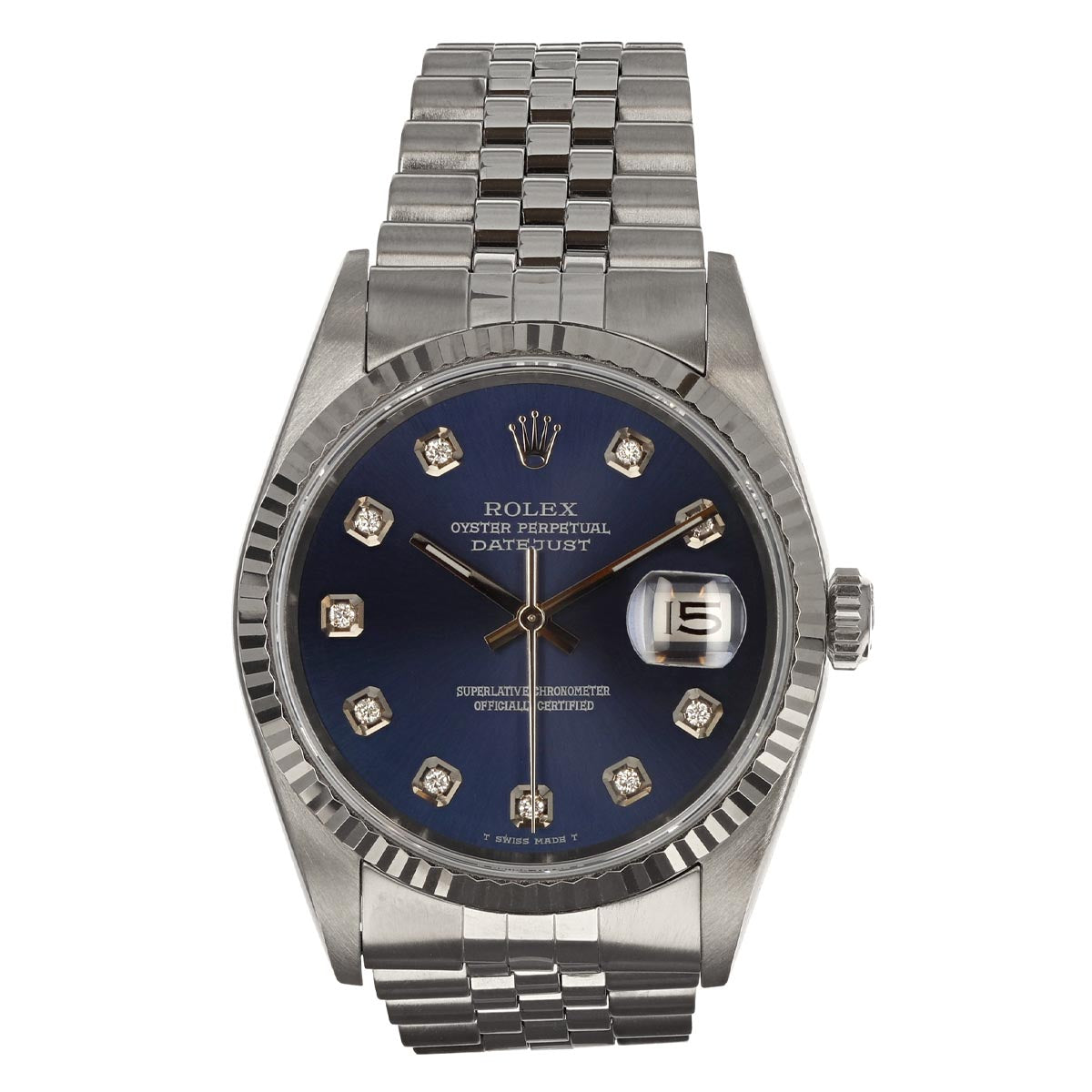 Pre Owned Rolex Oyster Perpetual Datejust with Blue Diamond Dial and 18kt White Gold Fluted Bezel and Stainless Steel Jubilee Bracelet (automatic movement)