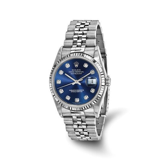 Pre Owned Rolex Oyster Perpetual Datejust with Blue Diamond Dial and 18kt White Gold Fluted Bezel and Stainless Steel Jubilee Bracelet (automatic movement)