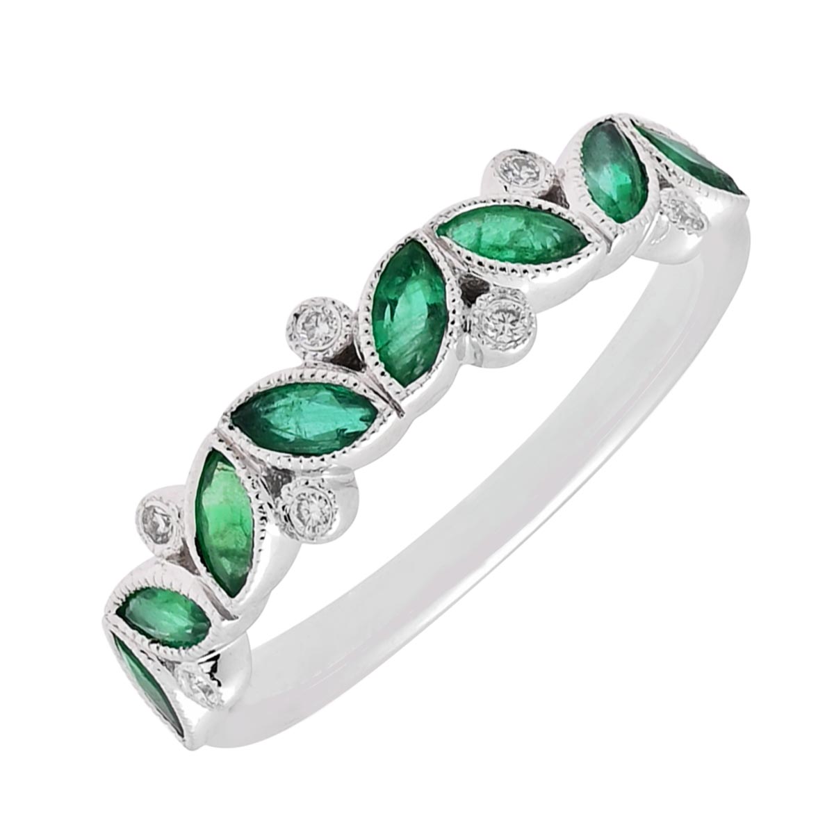 Marquise Emerald Band in 14kt White Gold with Diamonds (.04ct tw)