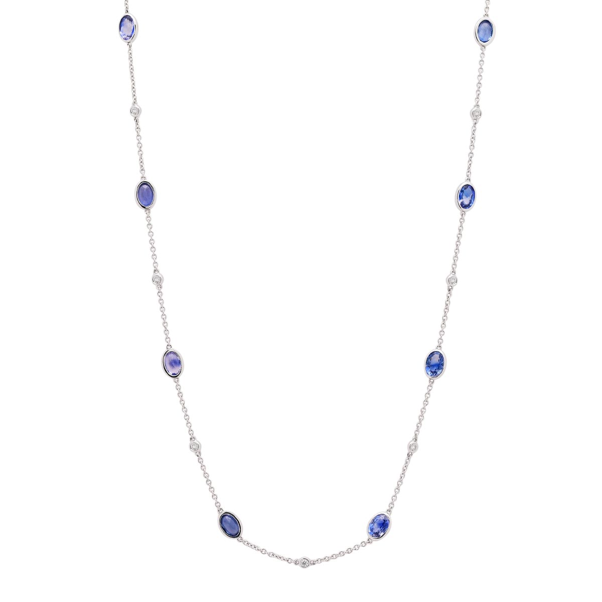 Oval Sapphire Bezel Station Necklace in 14kt White Gold with Diamonds (1/4ct tw)