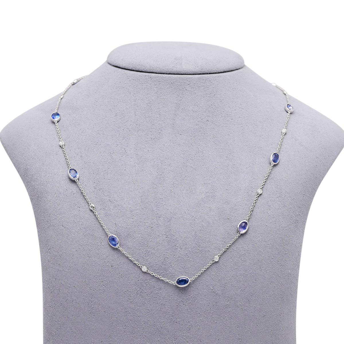 Oval Sapphire Bezel Station Necklace in 14kt White Gold with Diamonds (1/4ct tw)