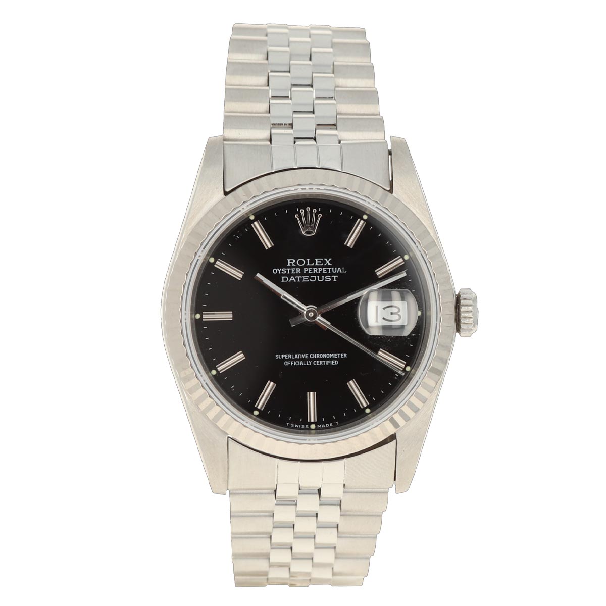 Pre Owned Rolex Oyster Perpetual Datejust with Black Dial and 18kt White Fluted Bezel and Stainless Steel Jubilee Bracelet (automatic movement)