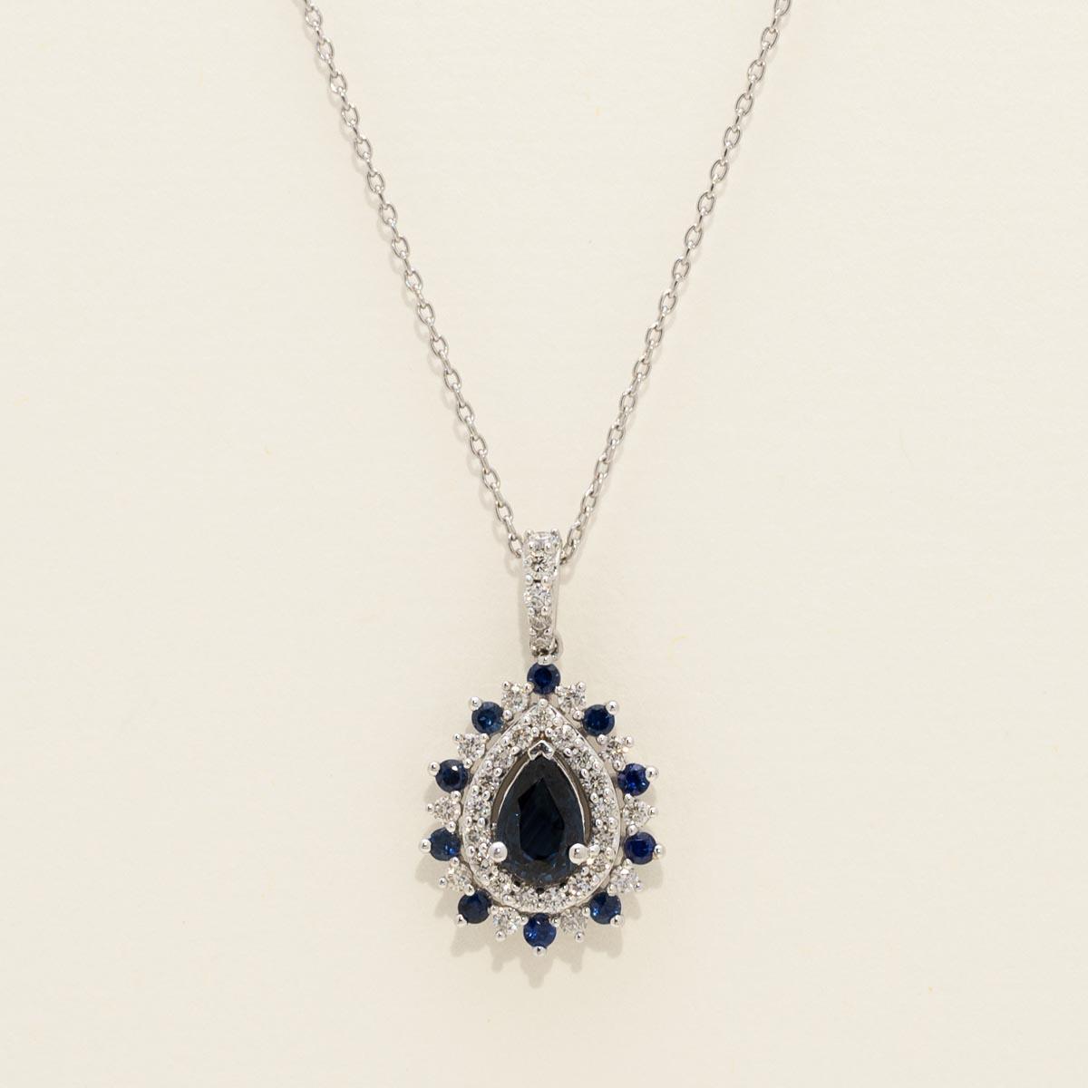 Pear Shape Sapphire Necklace in 14kt White Gold with Diamonds (1/4ct tw)