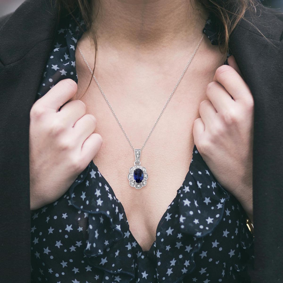 Oval Sapphire Necklace in Sterling Silver with Diamonds (1/20ct tw)
