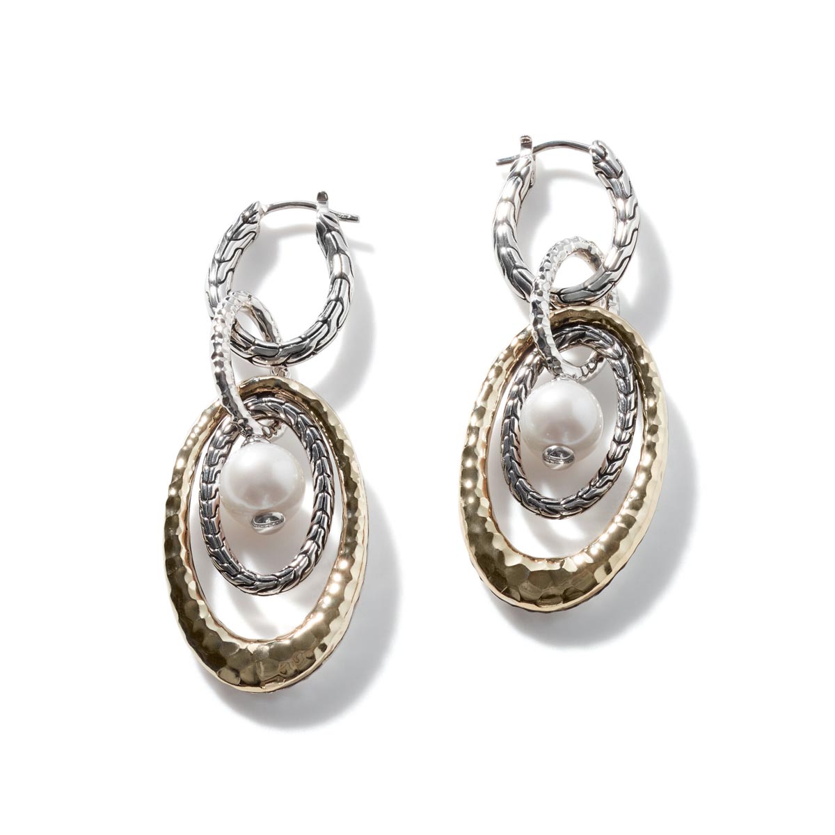 John Hardy Classic Chain Collection Palu Transformable Cultured Freshwater Pearl Earrings in Sterling Silver and 18kt Yellow Gold