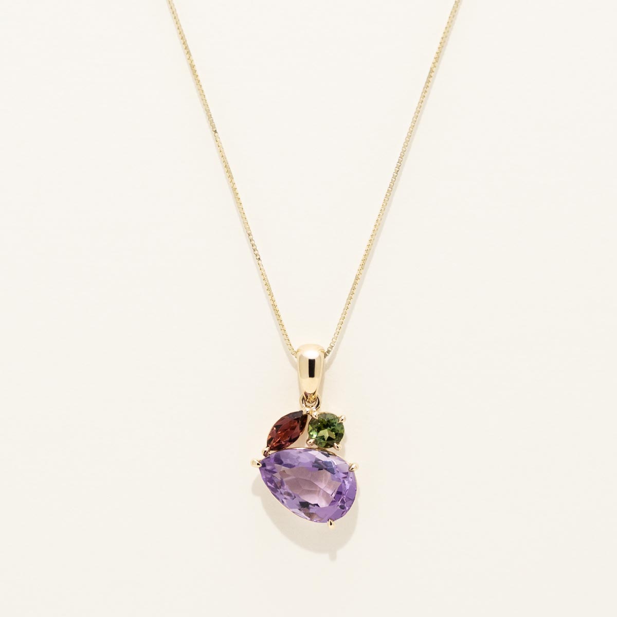 Amethyst and Maine Green and Pink Tourmaline Necklace in 14kt Yellow Gold
