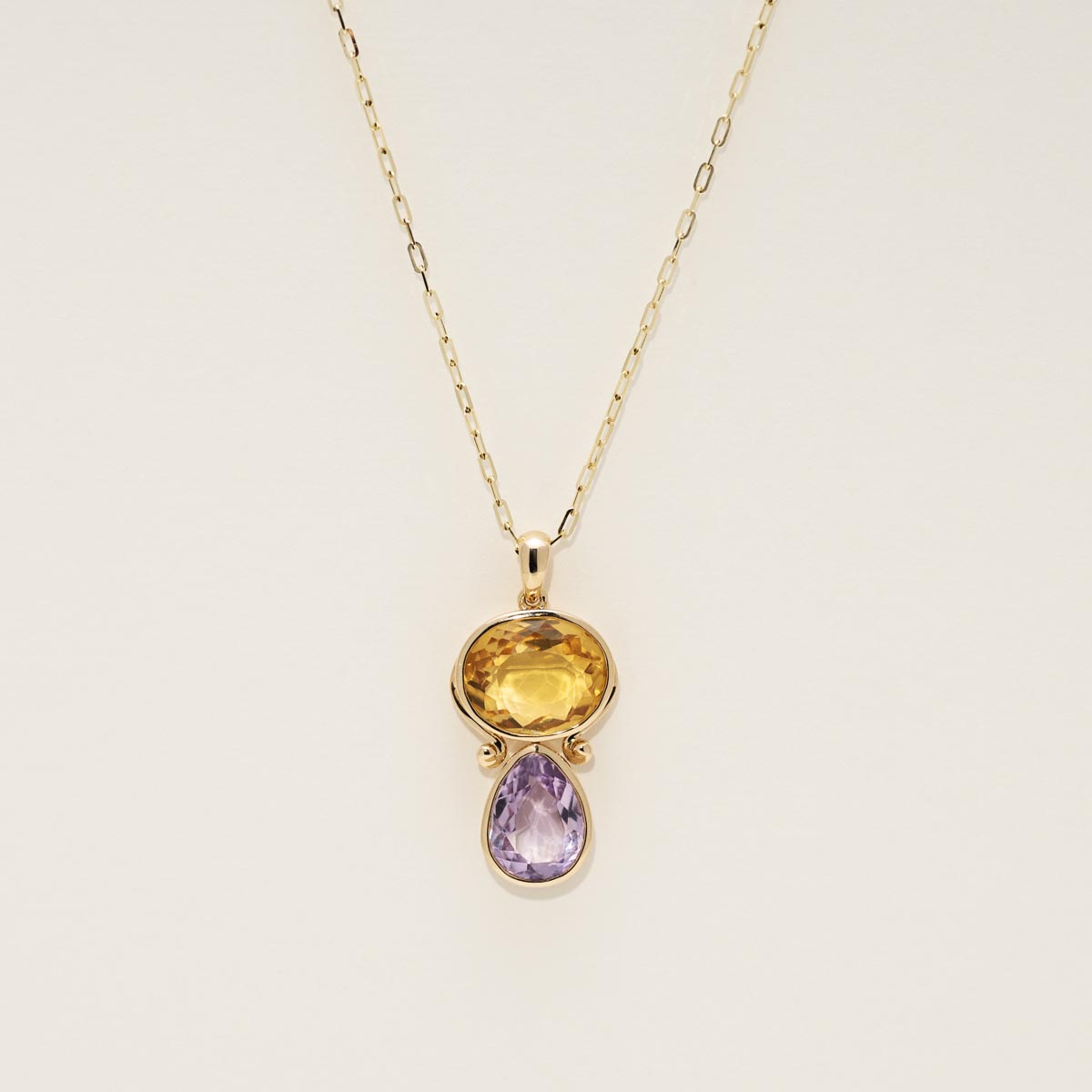 Citrine and Amethyst Bezel Necklace in 14kt Yellow Gold