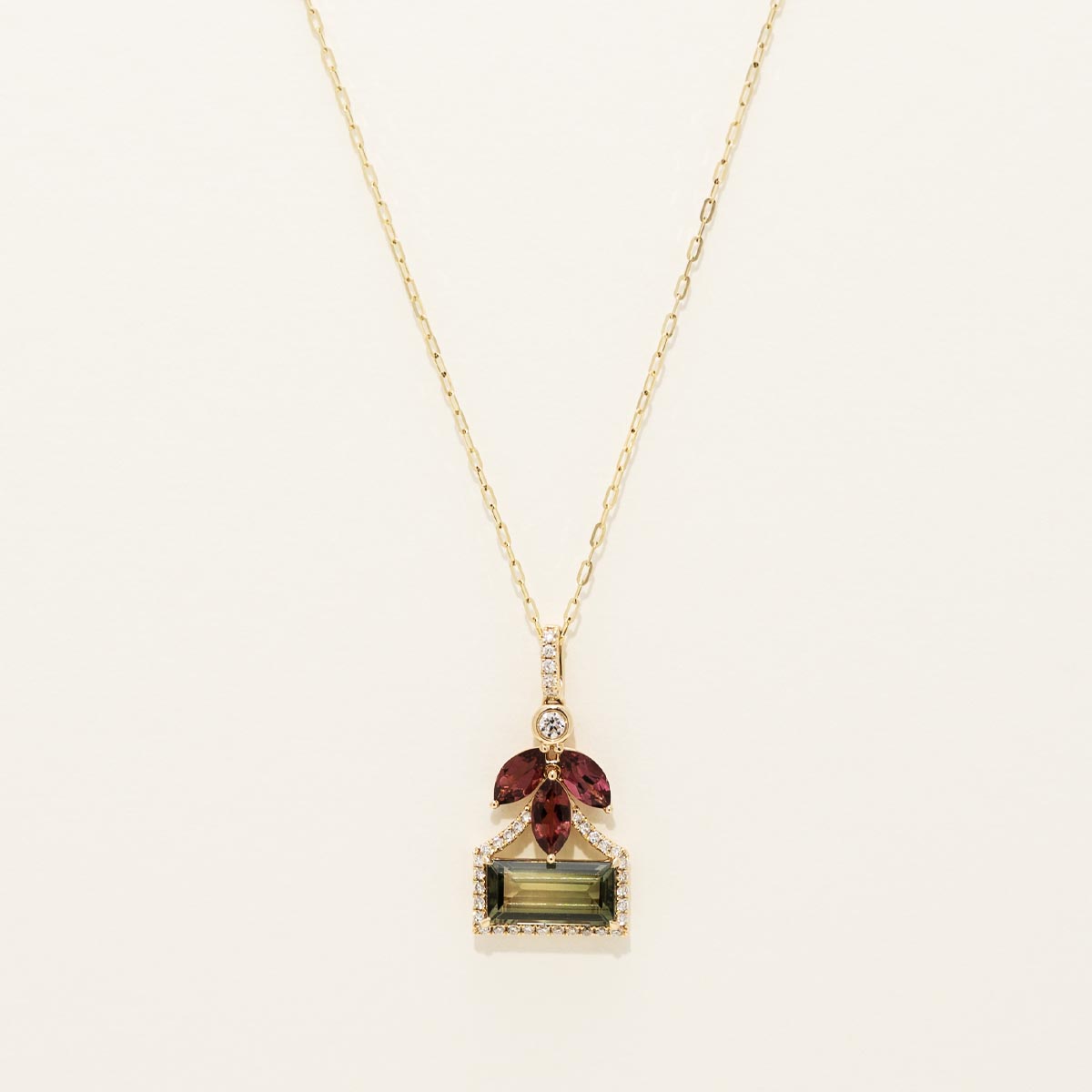 Maine Green and Pink Tourmaline Necklace in 14kt Yellow Gold with Diamonds (1/5ct tw)