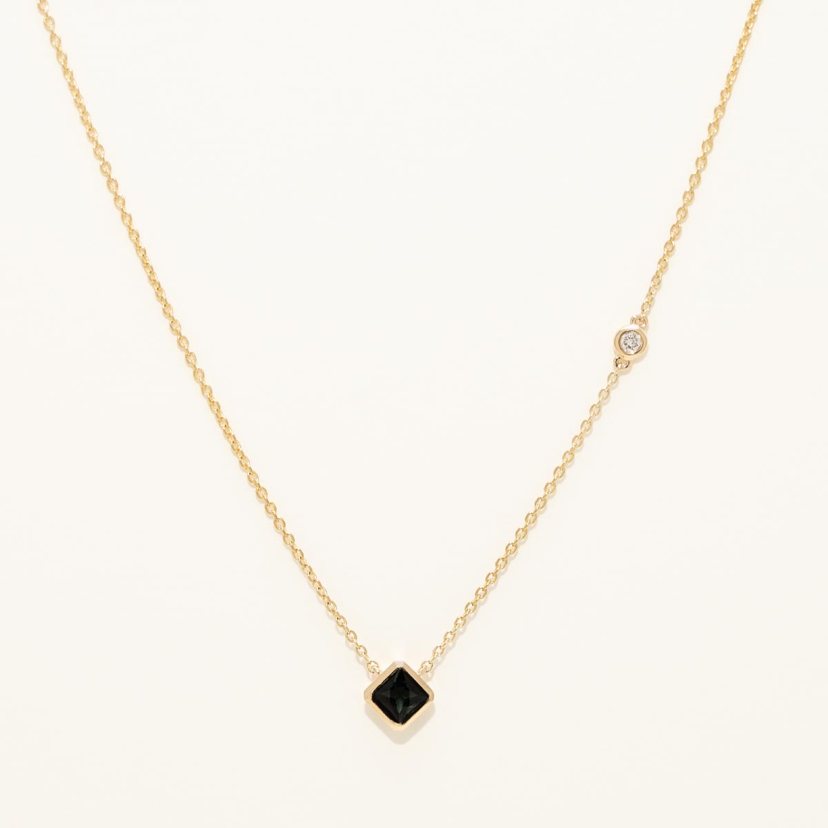Maine Green Tourmaline Princess Cut Bezel Necklace in 14kt Yellow Gold with Diamond (.04ct)