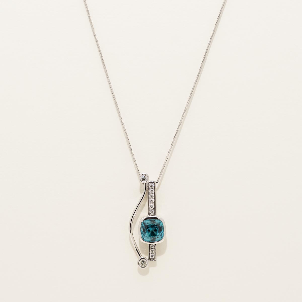 Cushion Blue Zircon Necklace in 14kt White Gold with Diamonds (1/5ct tw)