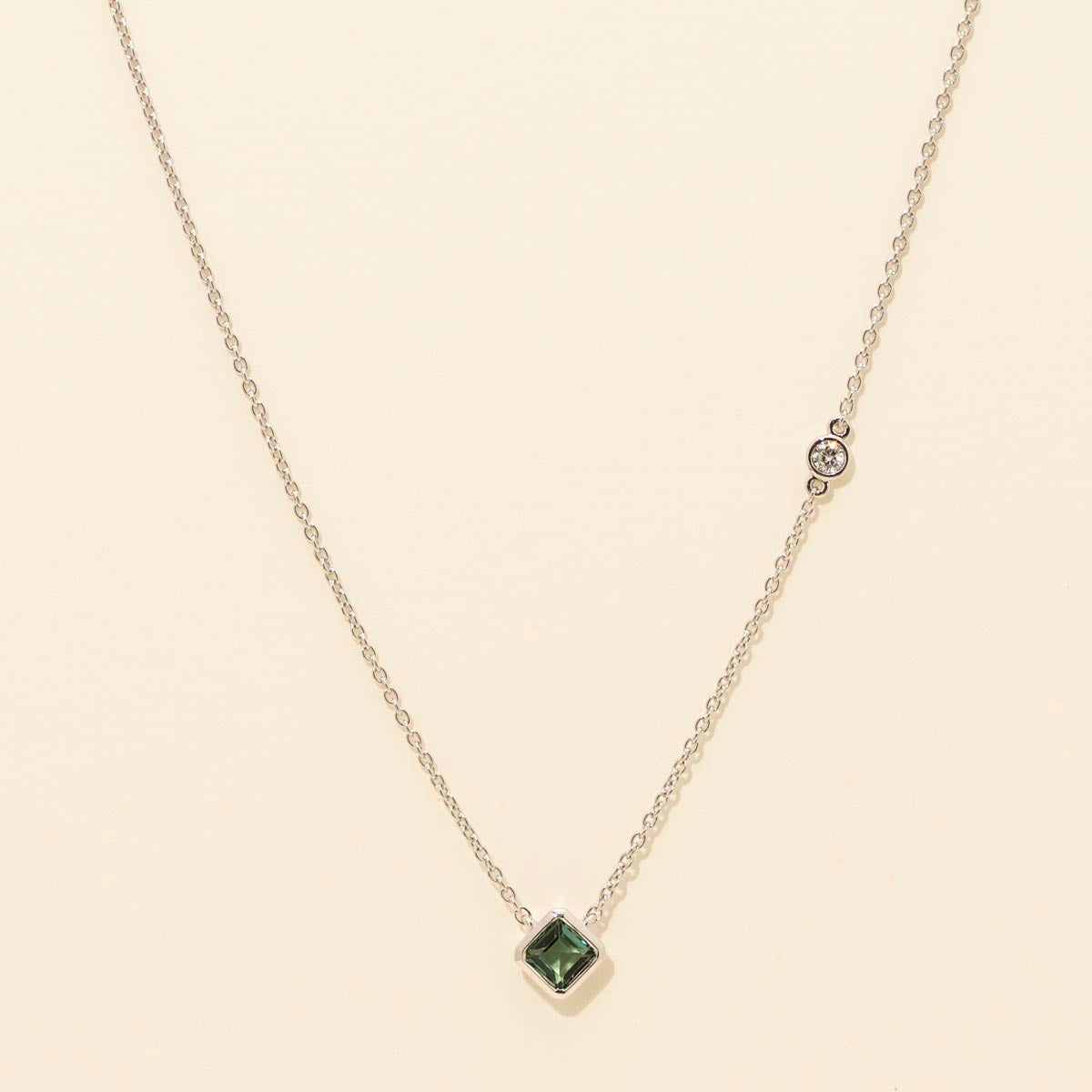 Maine Green Tourmaline Princess Cut Bezel Necklace in 14kt White Gold with Diamonds (.04ct)