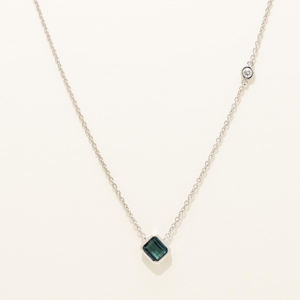Maine Indicolite Emerald Cut Bezel Necklace in 14kt White Gold with Diamond (.04ct)