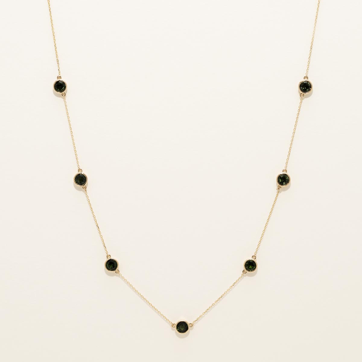 Maine Green Tourmaline Seven Stone Station Necklace in 14kt Yellow Gold