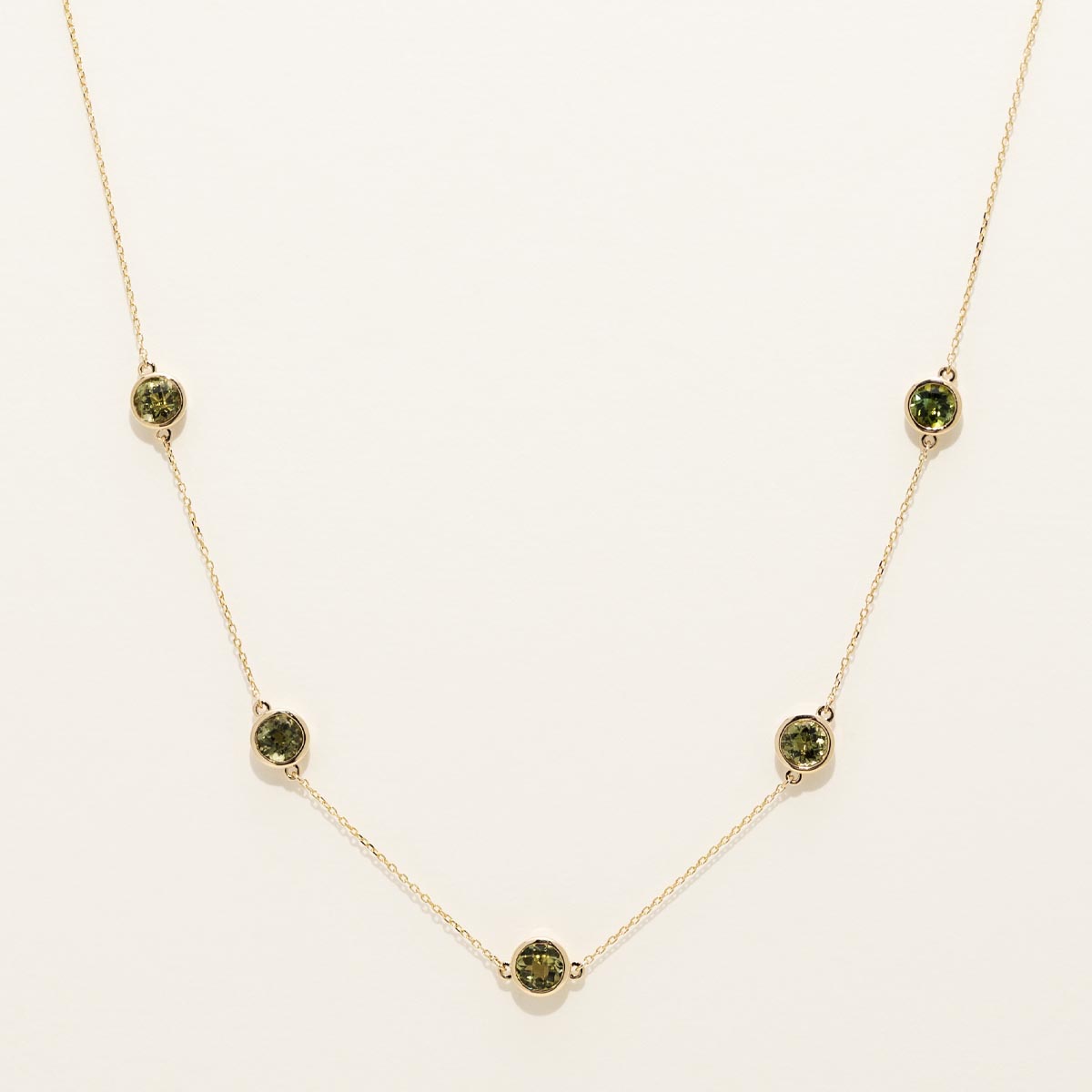 Maine Green Tourmaline Five Stone Station Necklace in 14kt Yellow Gold
