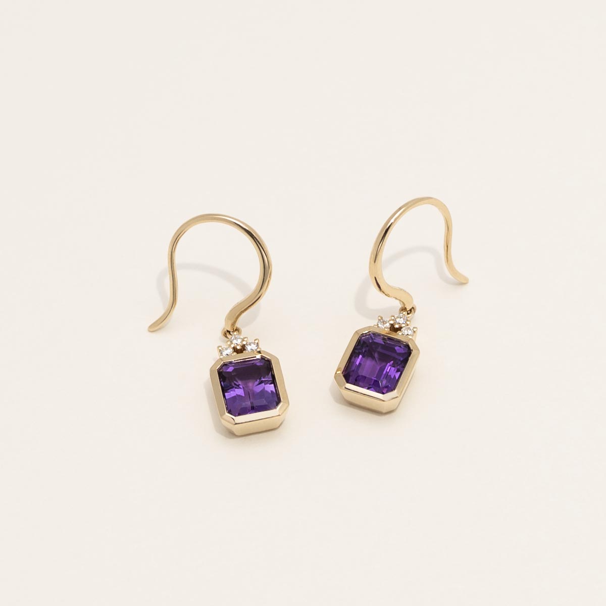 Emerald Cut Amethyst Drop Earrings in 14kt Yellow Gold with Diamonds (1/10ct tw)