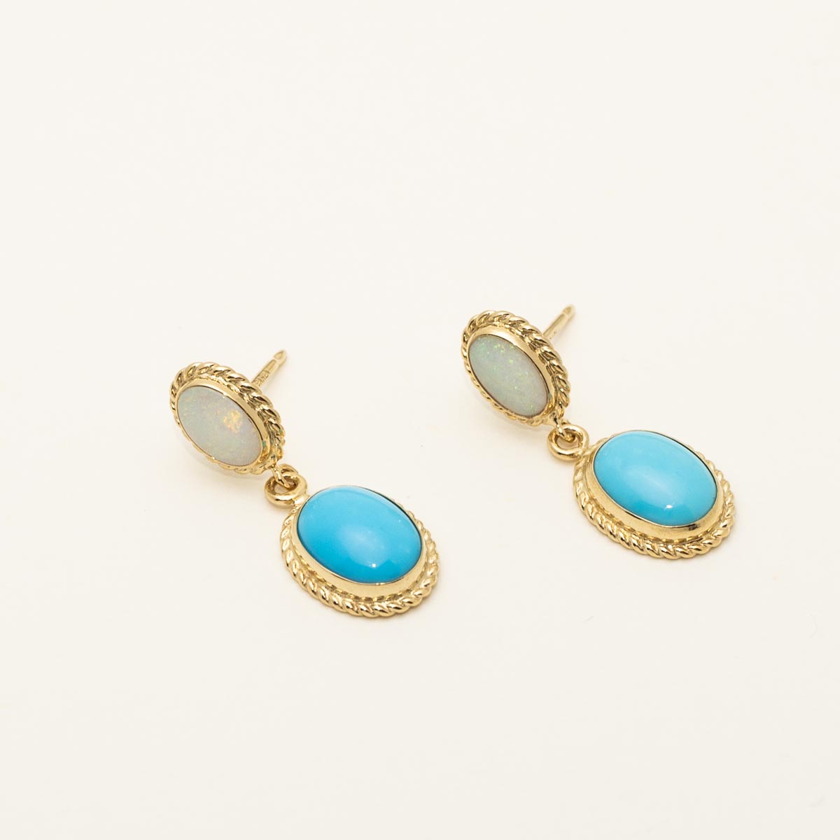 Oval Opal and Turquoise Drop Earrings in 14kt Yellow Gold