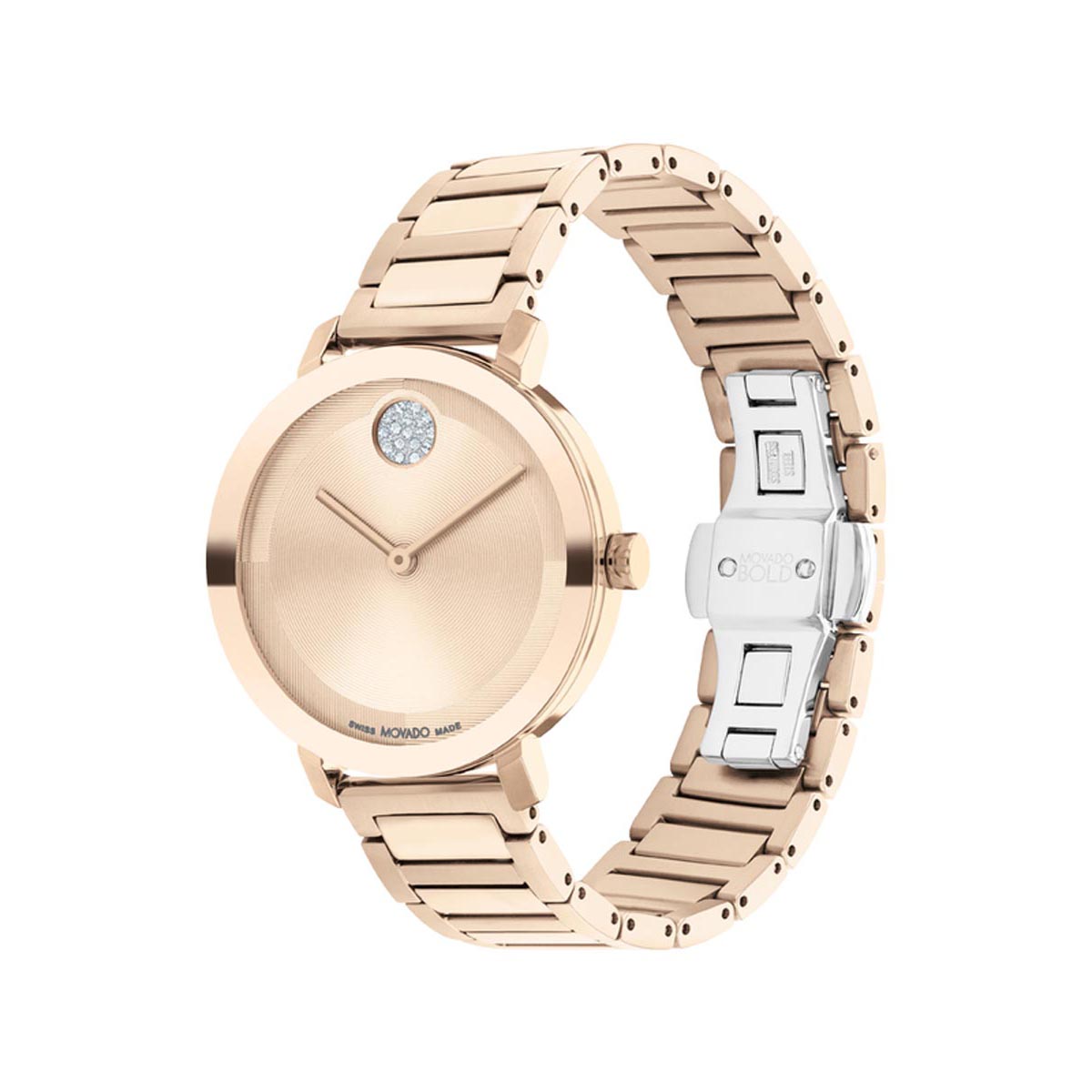 Movado Bold Evolution 2.0 Womens Crystal Watch with Pale Rose Dial and Pale Rose Ion Plated Bracelet (Swiss quartz movement)