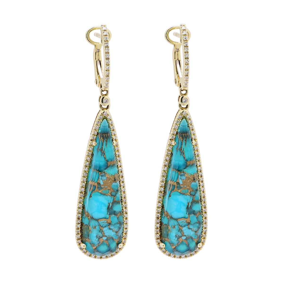 Dabakarov Pear Shape Turquoise and White Quartz Drop Earrings in 14kt Yellow Gold with Diamonds (1/3ct tw)
