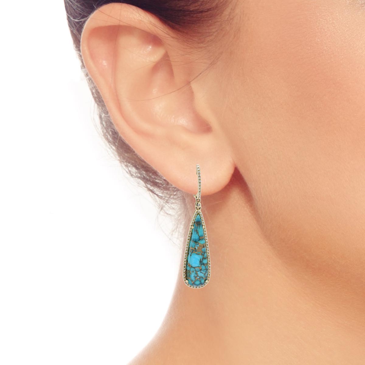 Dabakarov Pear Shape Turquoise and White Quartz Drop Earrings in 14kt Yellow Gold with Diamonds (1/3ct tw)