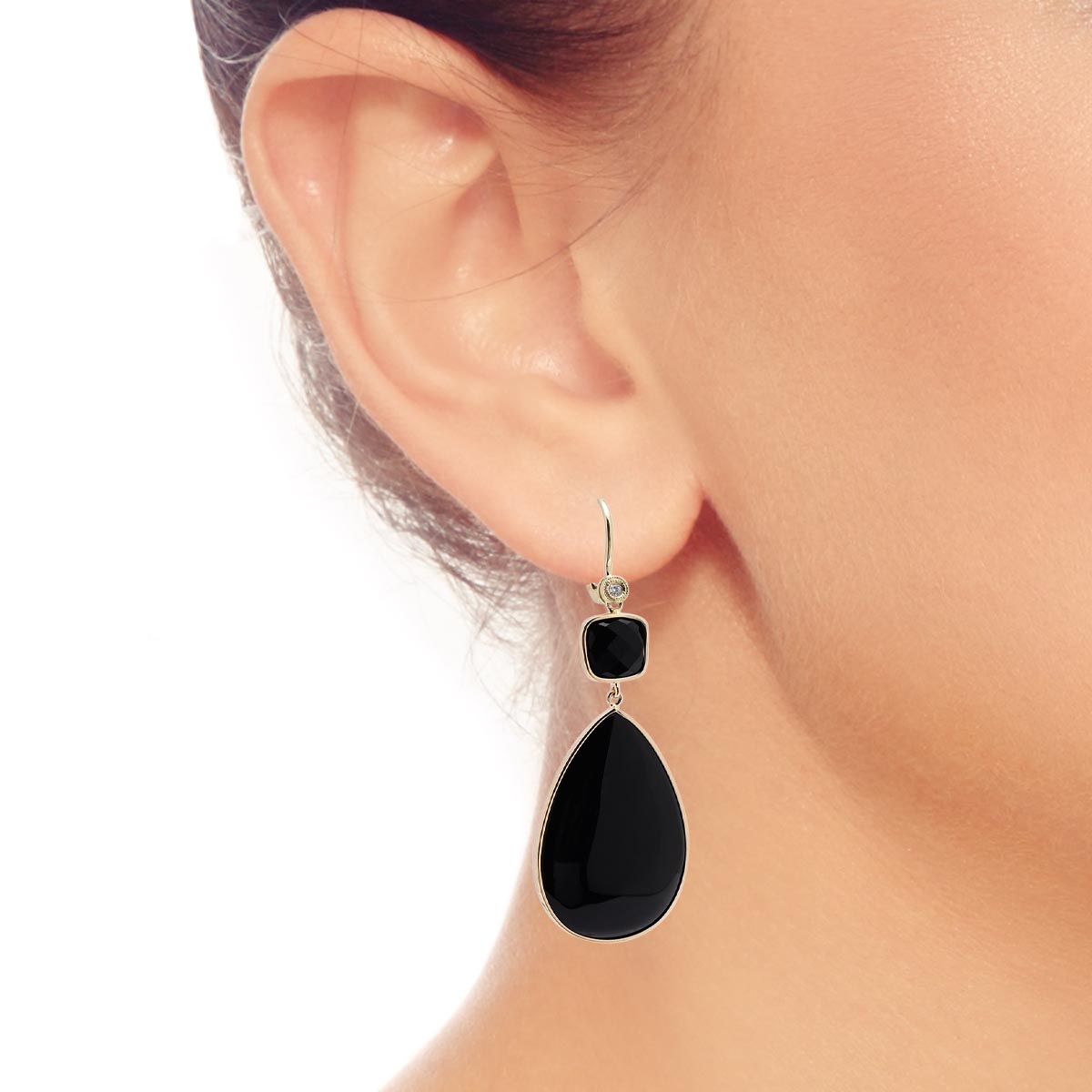 Dabakarov Pear Shape Black Agate Drop Earrings in 14kt Yellow Gold with Diamonds (.04ct tw)