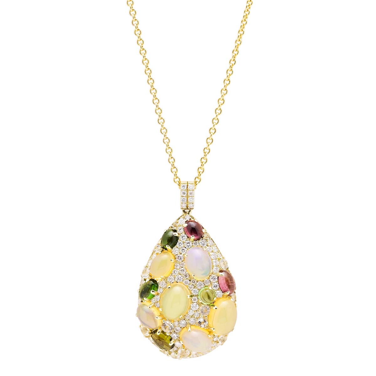 Dabakarov Oval Opal and Multicolor Tourmaline and White Quartz Necklace in 14kt Yellow Gold with Diamonds (1 1/5ct tw)