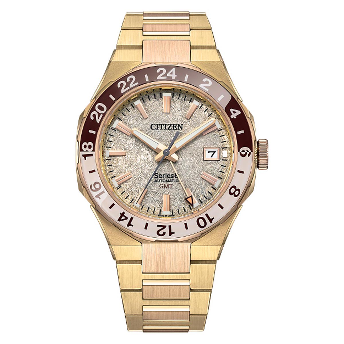 Citizen Series8 800 GMT Mens Watch with Gold Toned Dial and Brushed and Polished Gold Toned Stainless Steel Bracelet (automatic movement)