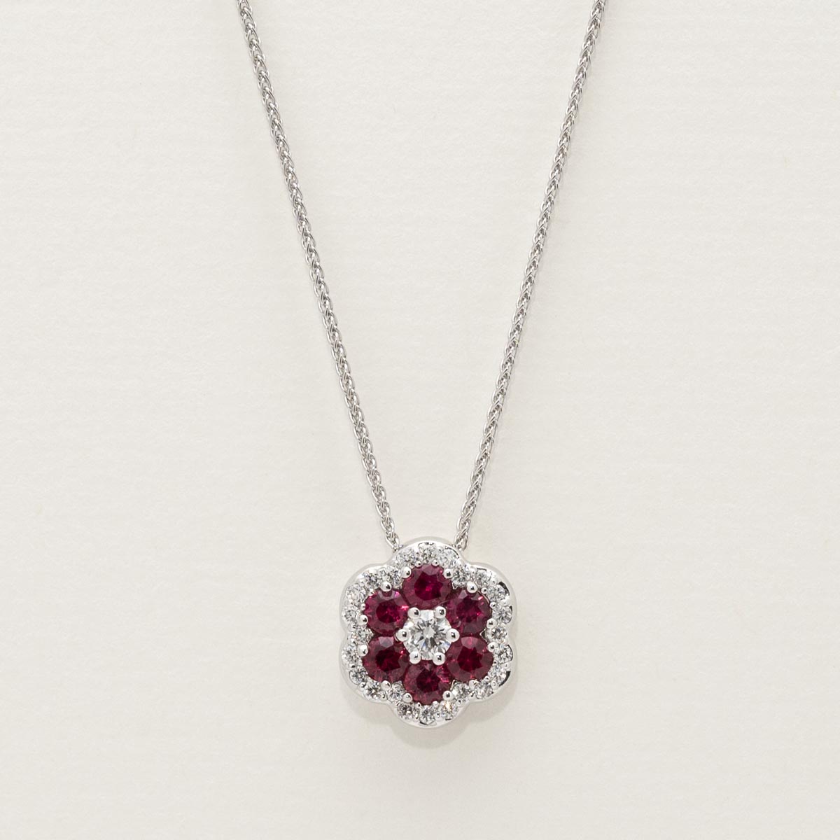 Ruby Flower Necklace in 18kt White Gold with Diamonds (1/5ct tw)