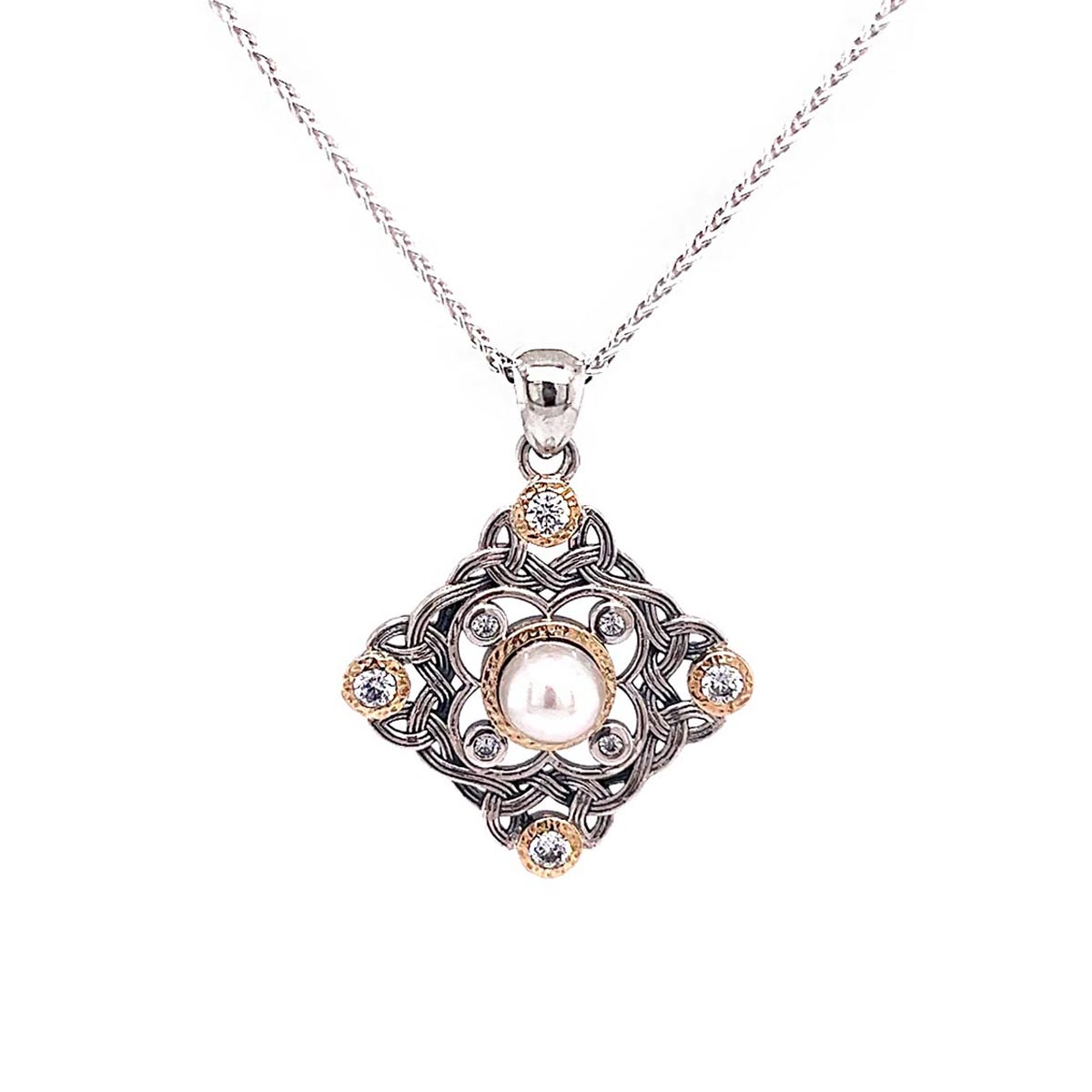 Keith Jack Celestial Cultured Freshwater Pearl Necklace in Sterling Silver and 10kt Yellow Gold with Cubic Zirconia (6mm pearl)