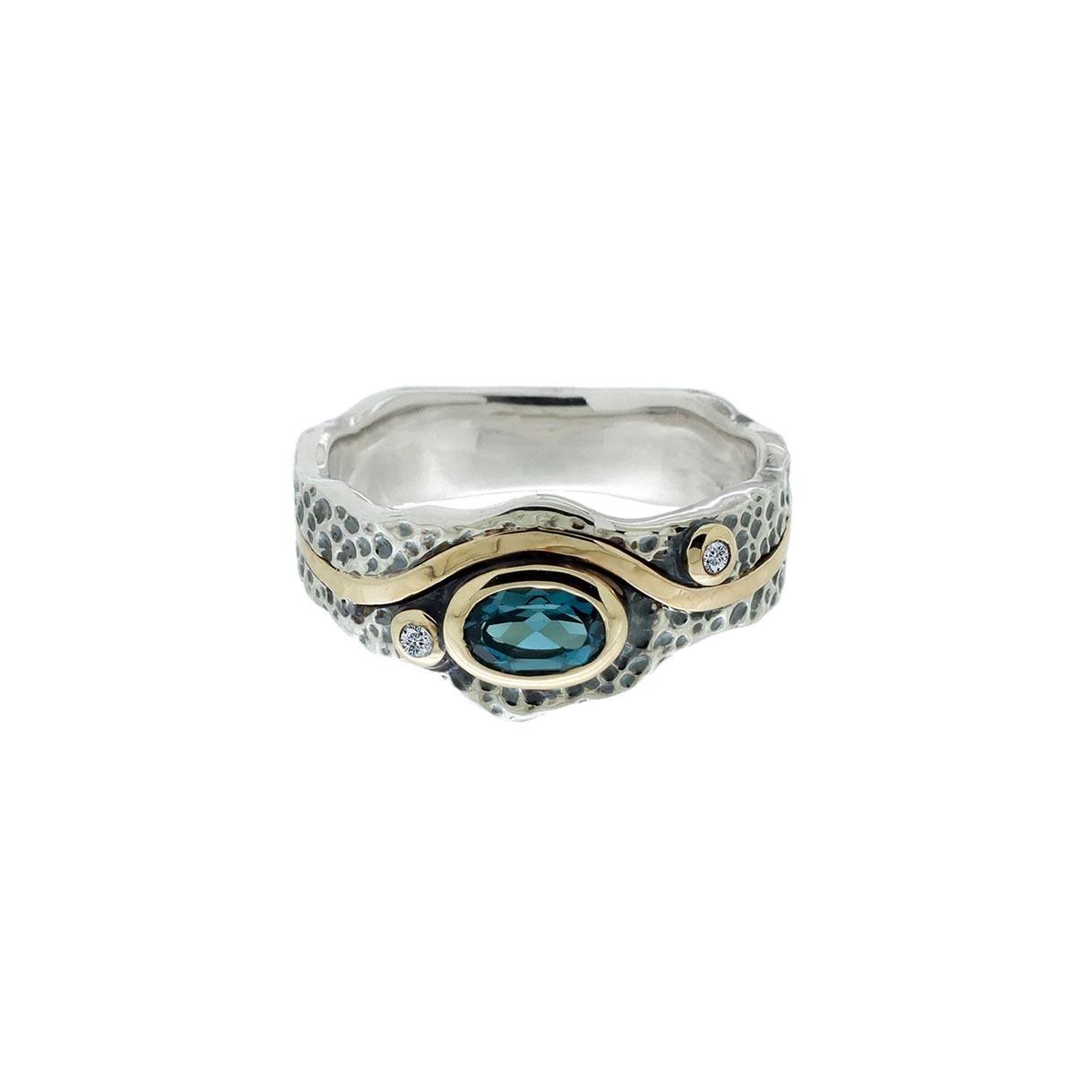 Keith Jack Rocks n Rivers Oval London Blue Topaz Ring in Sterling Silver and 10kt Yellow Gold with Cubic Zirconia (size 7)
