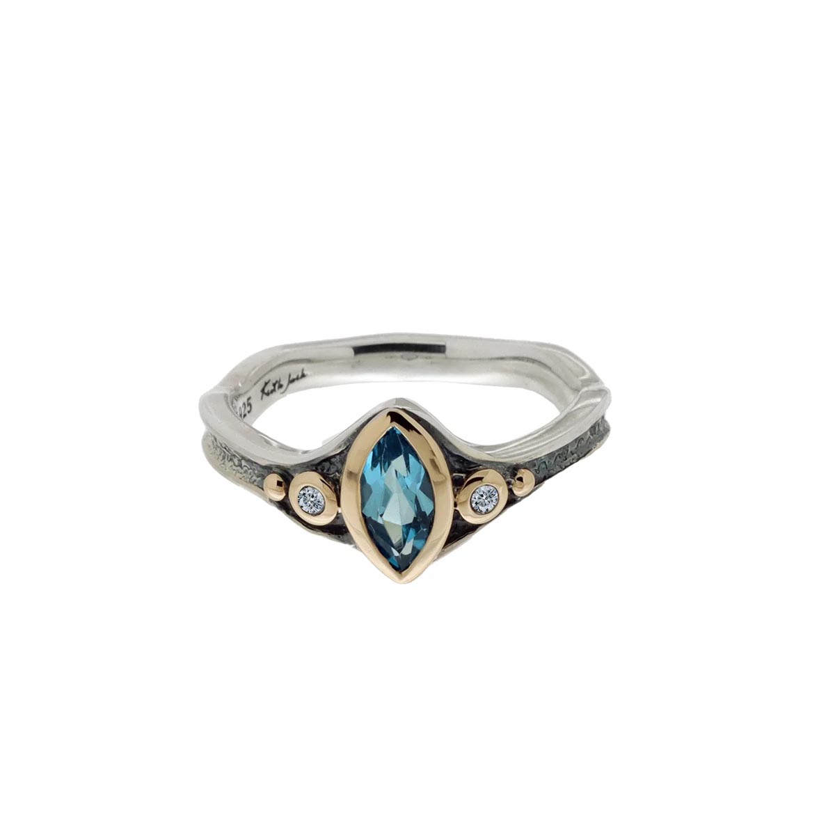 Keith Jack Rocks n Rivers Marquise Swiss Blue Topaz Ring in Sterling Silver and 10kt Yellow Gold with Cubic Zirconia (size 7)
