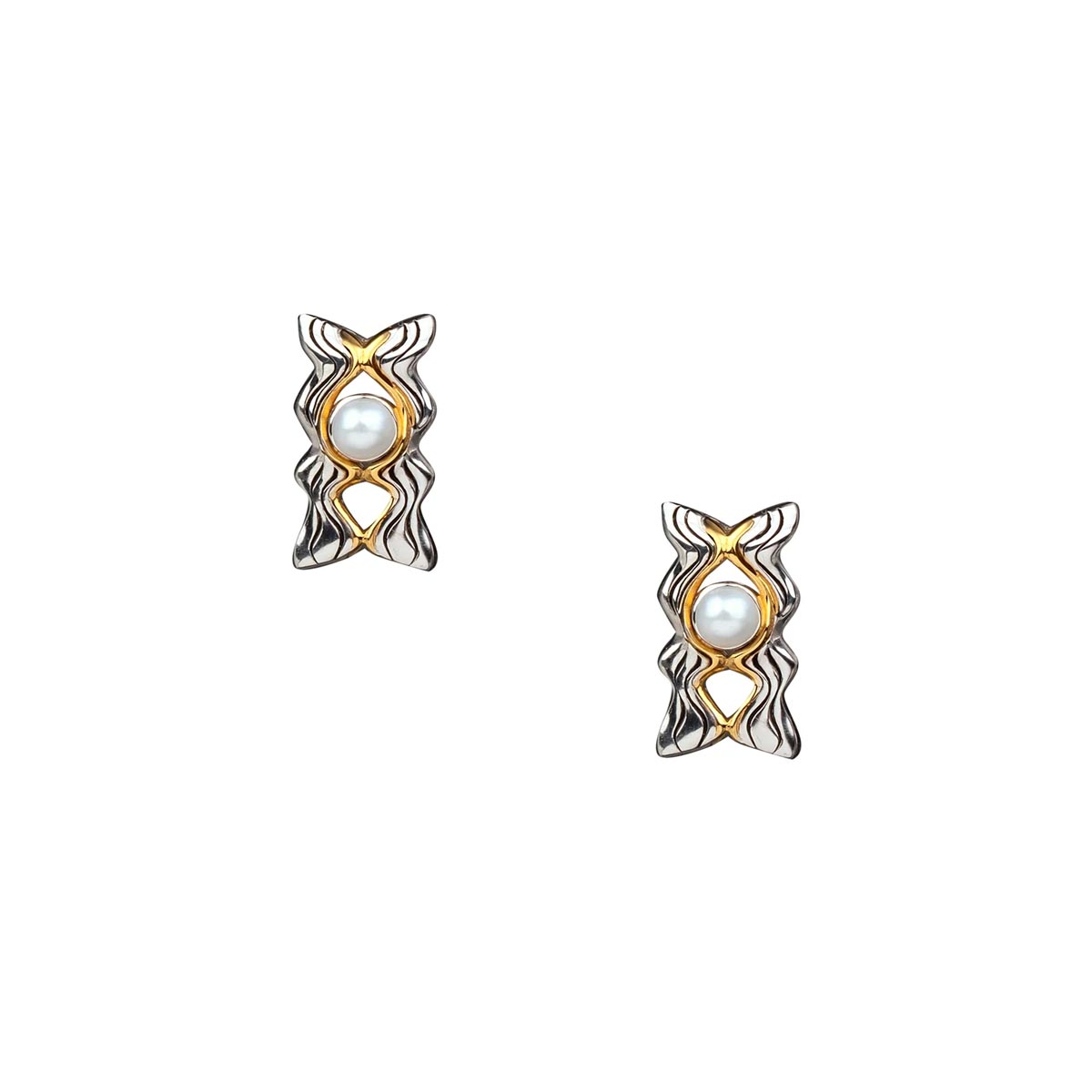 Keith Jack Rocks n Rivers Cultured Freshwater Pearl Stud Earrings in Sterling Silver and 10kt Yellow Gold (3.5mm pearls)