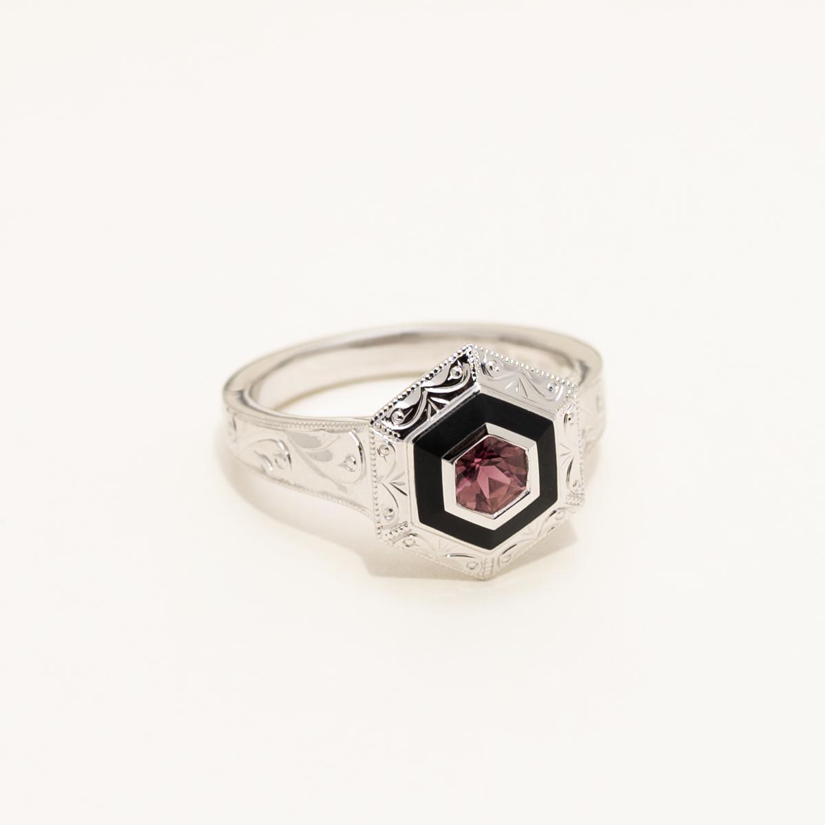 Maine Pink Tourmaline Hexagon Ring with Black Enamel in 14kt White Gold