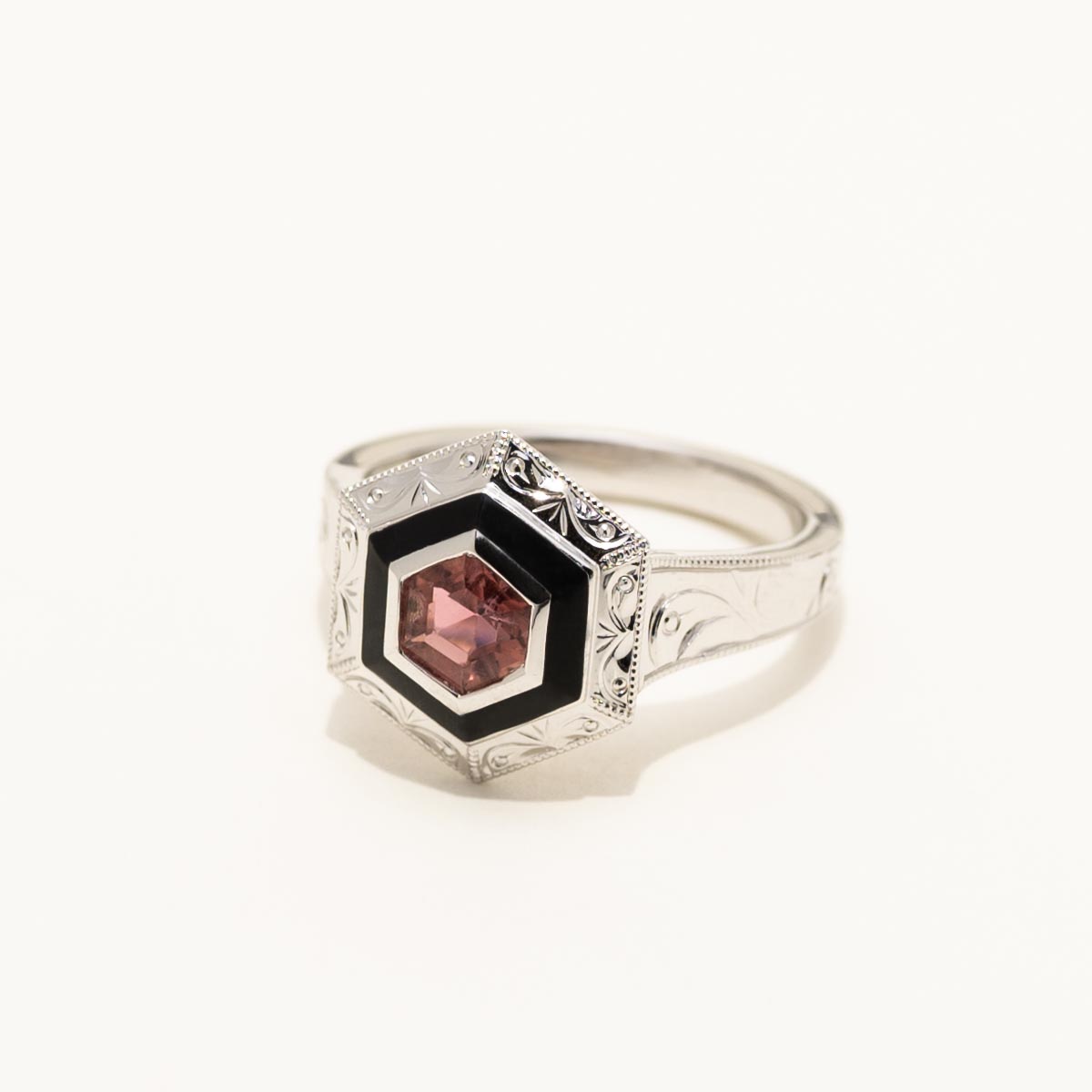 Maine Pink Tourmaline Hexagon Ring with Black Enamel in 14kt White Gold