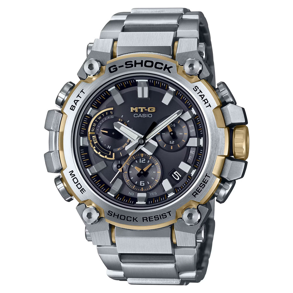 G Shock MT-G Series Mens Watch with Black Dial and Two-Toned Stainless Steel Bracelet (solar movement)