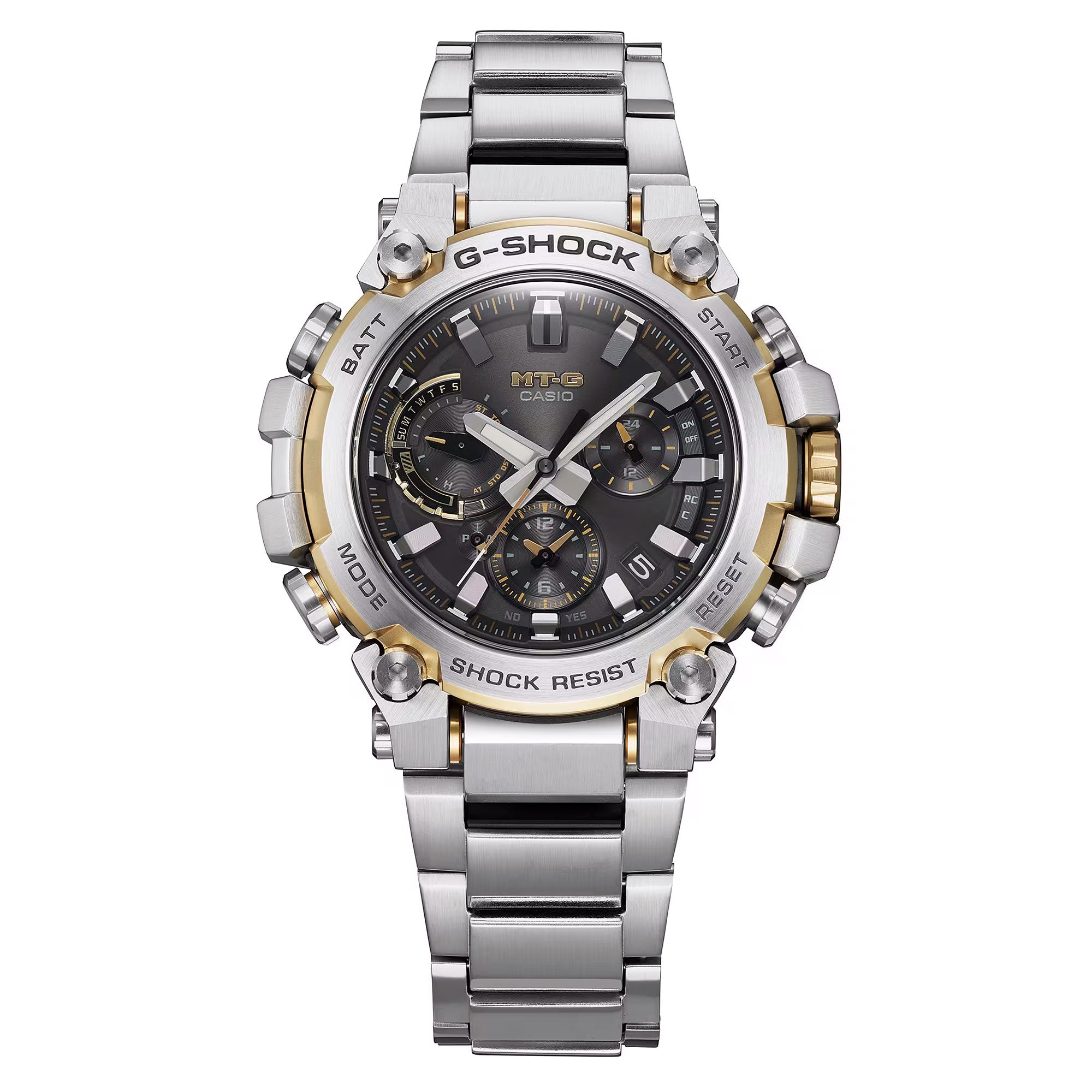 G Shock MT-G Series Mens Watch with Black Dial and Two-Toned Stainless Steel Bracelet (solar movement)