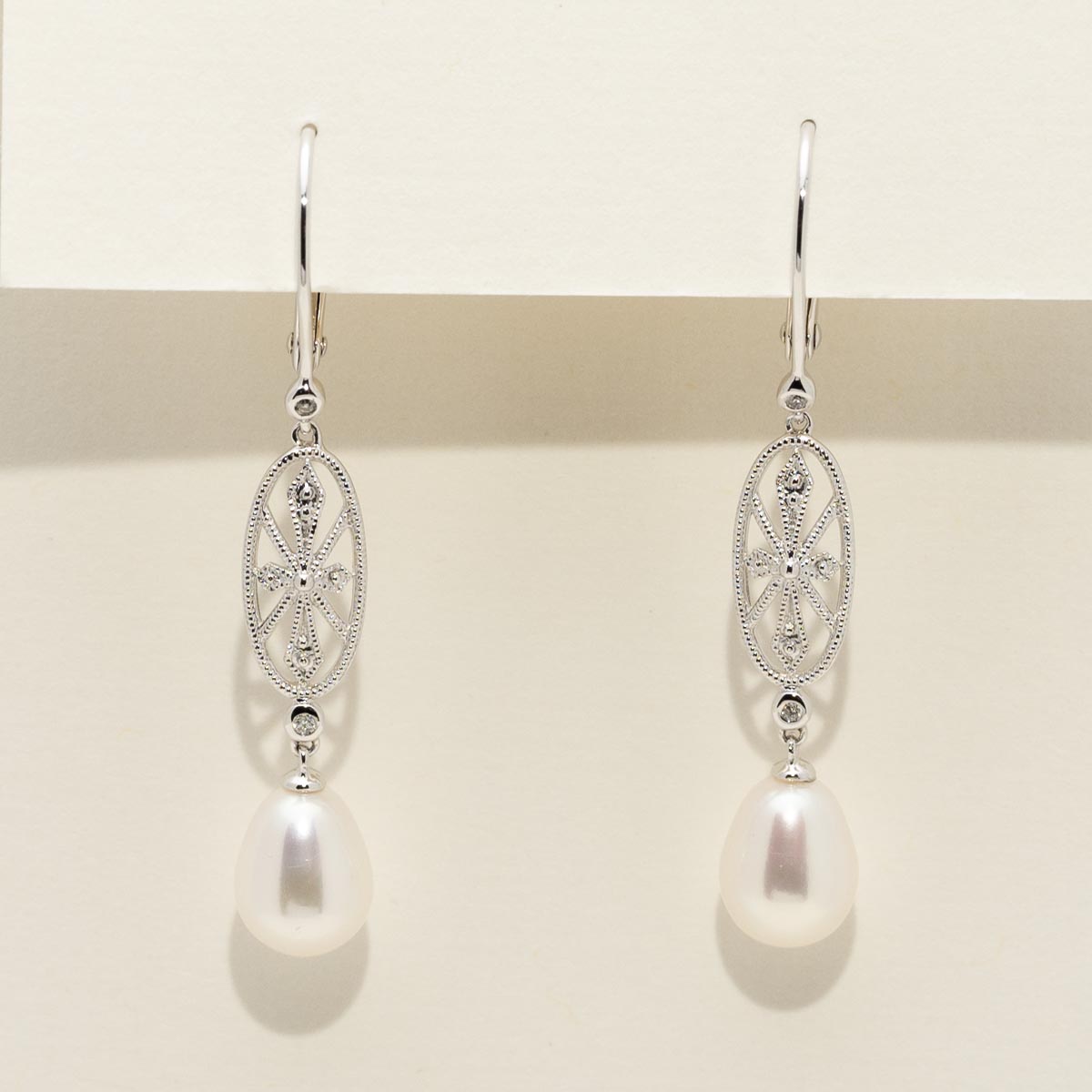 Cultured Fresh Water Pearl Drop Earrings in 14kt White Gold with Diamonds (.02ct tw and 6mm pearls)