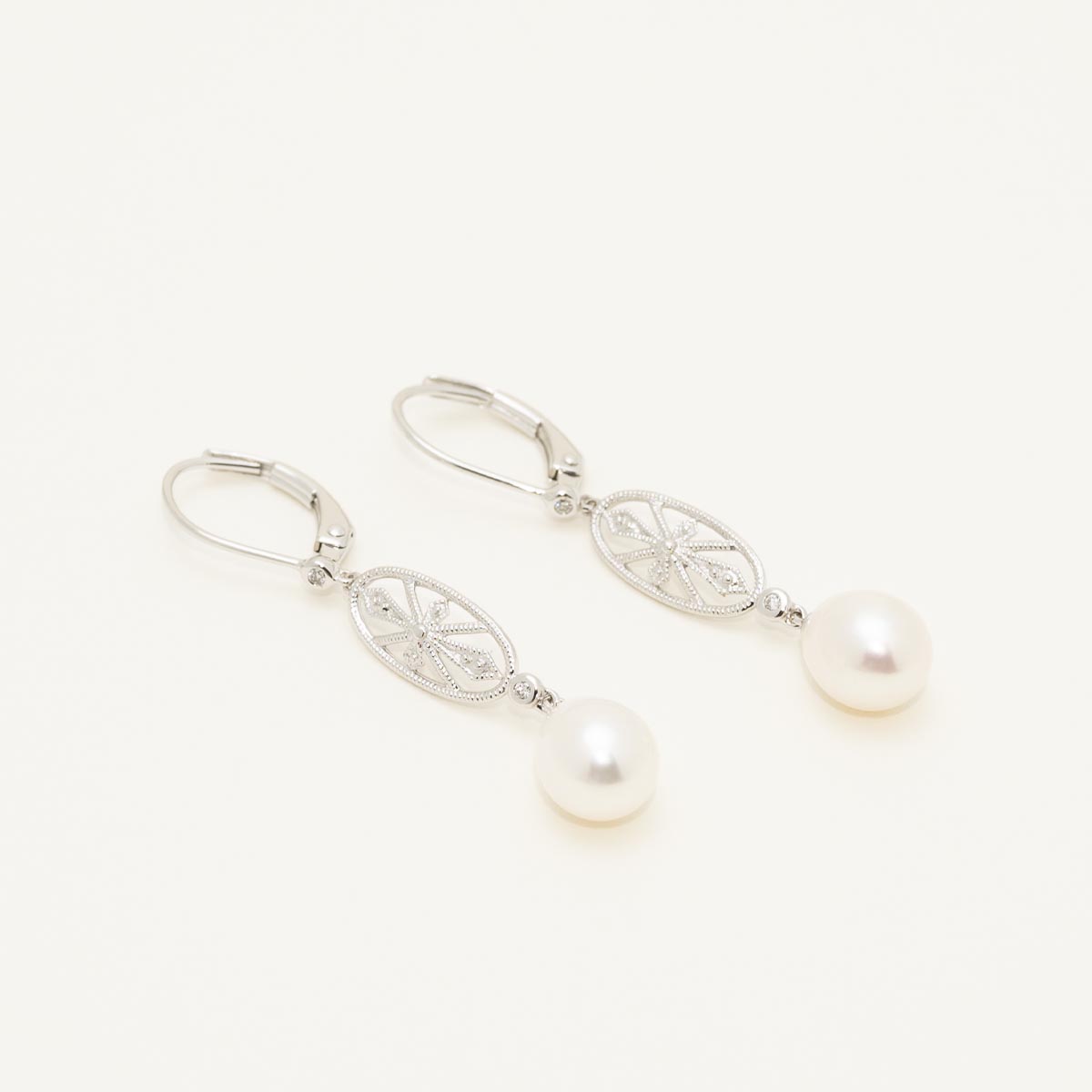 Cultured Fresh Water Pearl Drop Earrings in 14kt White Gold with Diamonds (.02ct tw and 6mm pearls)