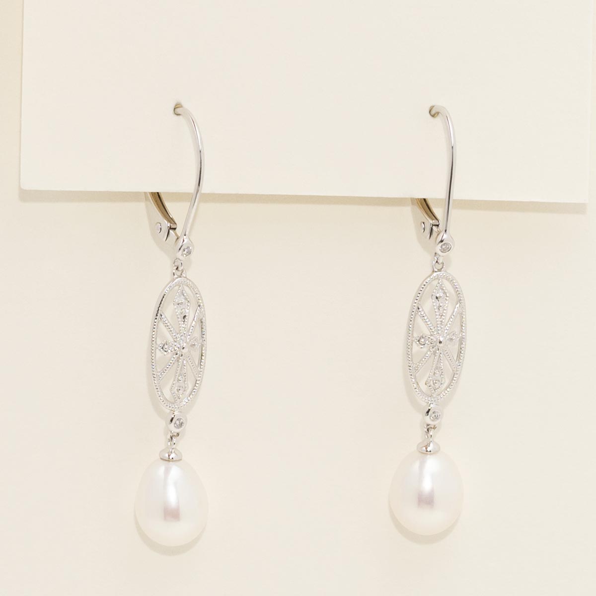 Cultured Fresh Water Pearl Drop Earrings in 14kt White Gold with Diamonds (.02ct tw and 6mm pearls)