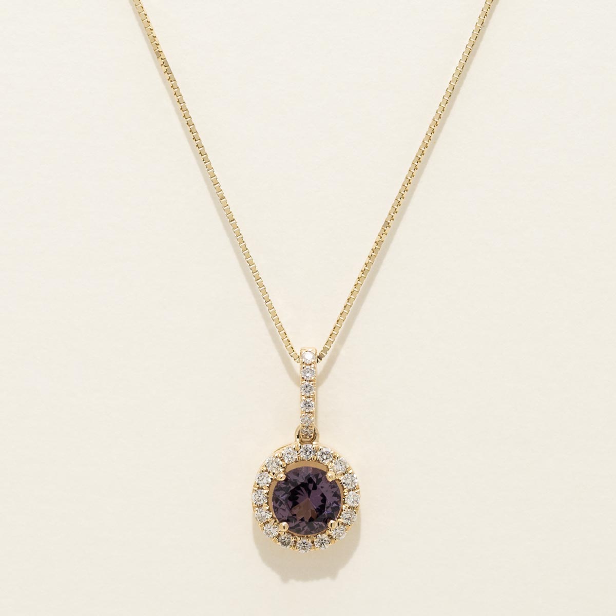 Purple Spinel Halo Necklace in 14kt Yellow Gold with Diamonds (1/7ct tw)