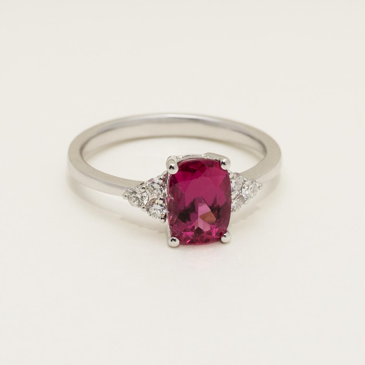 Cushion Cut Pink Tourmaline Ring in 18kt White Gold with Diamonds (1/7ct tw)