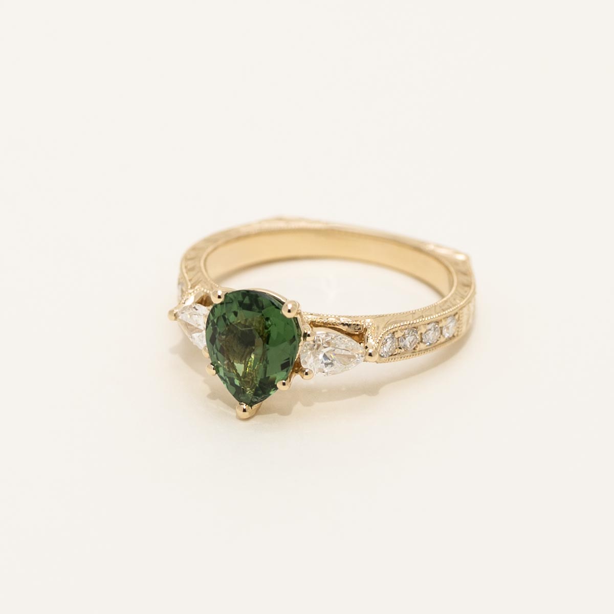 Maine Green Tourmaline Pear Shape Ring in 14kt Yellow Gold with Diamonds (1/2ct tw)