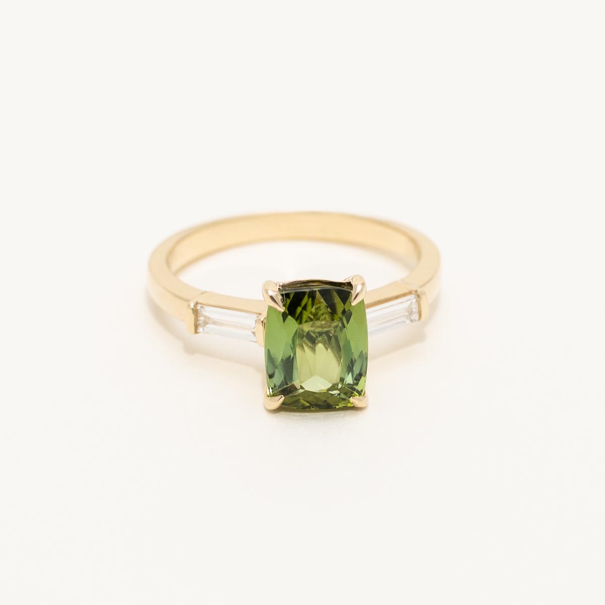 Maine Green Tourmaline Cushion Cut Ring in Yellow Gold with Diamonds (1/5ct tw)