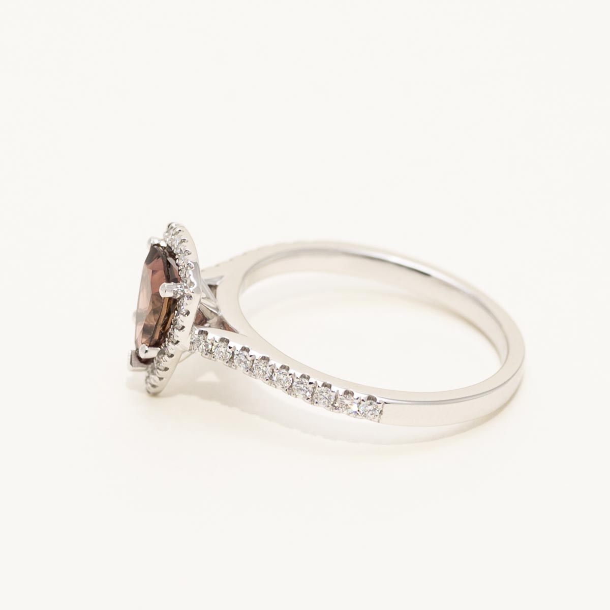 Maine Pink Tourmaline Trillion Halo Cut Ring in 14kt White Gold with Diamonds (1/4ct tw)