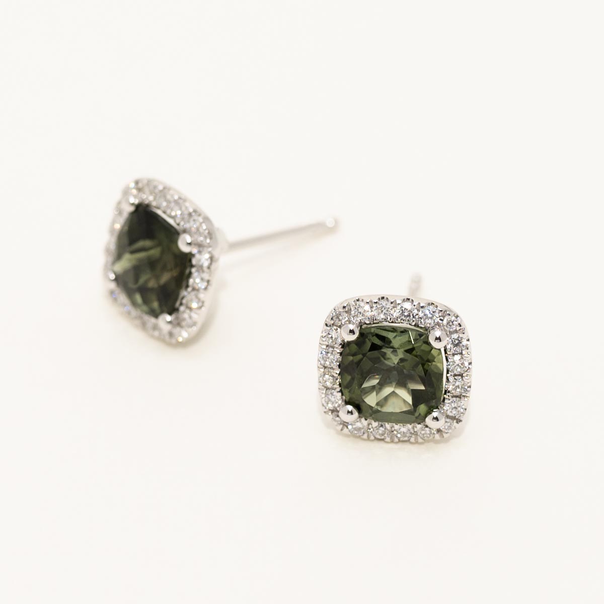 Maine Green Tourmaline Halo Stud Earrings in 14kt White Gold with Diamonds (1/4ct tw)