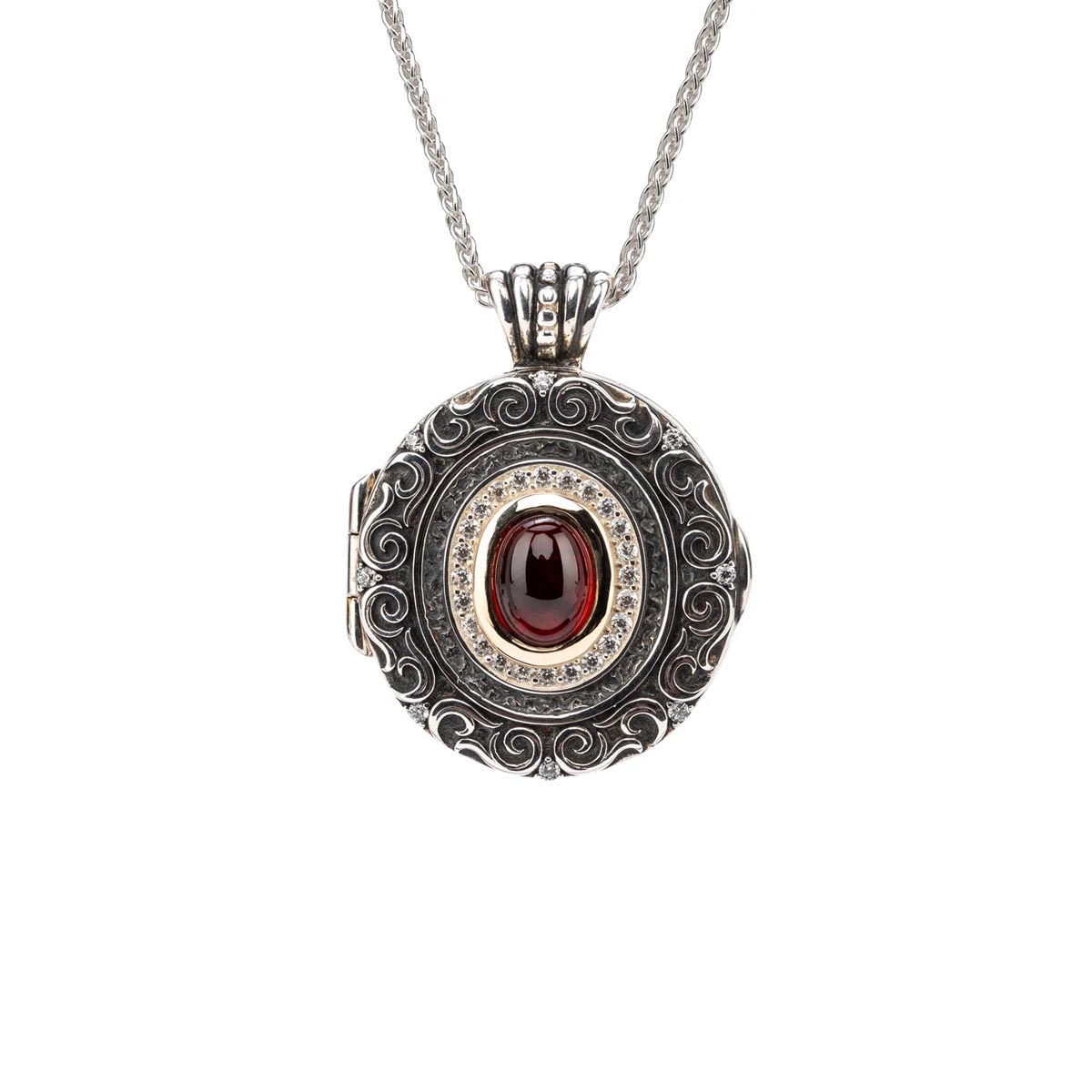 Keith Jack Shield Oval Garnet Locket in Sterling Silver and 10kt Yellow Gold with Cubic Zirconia
