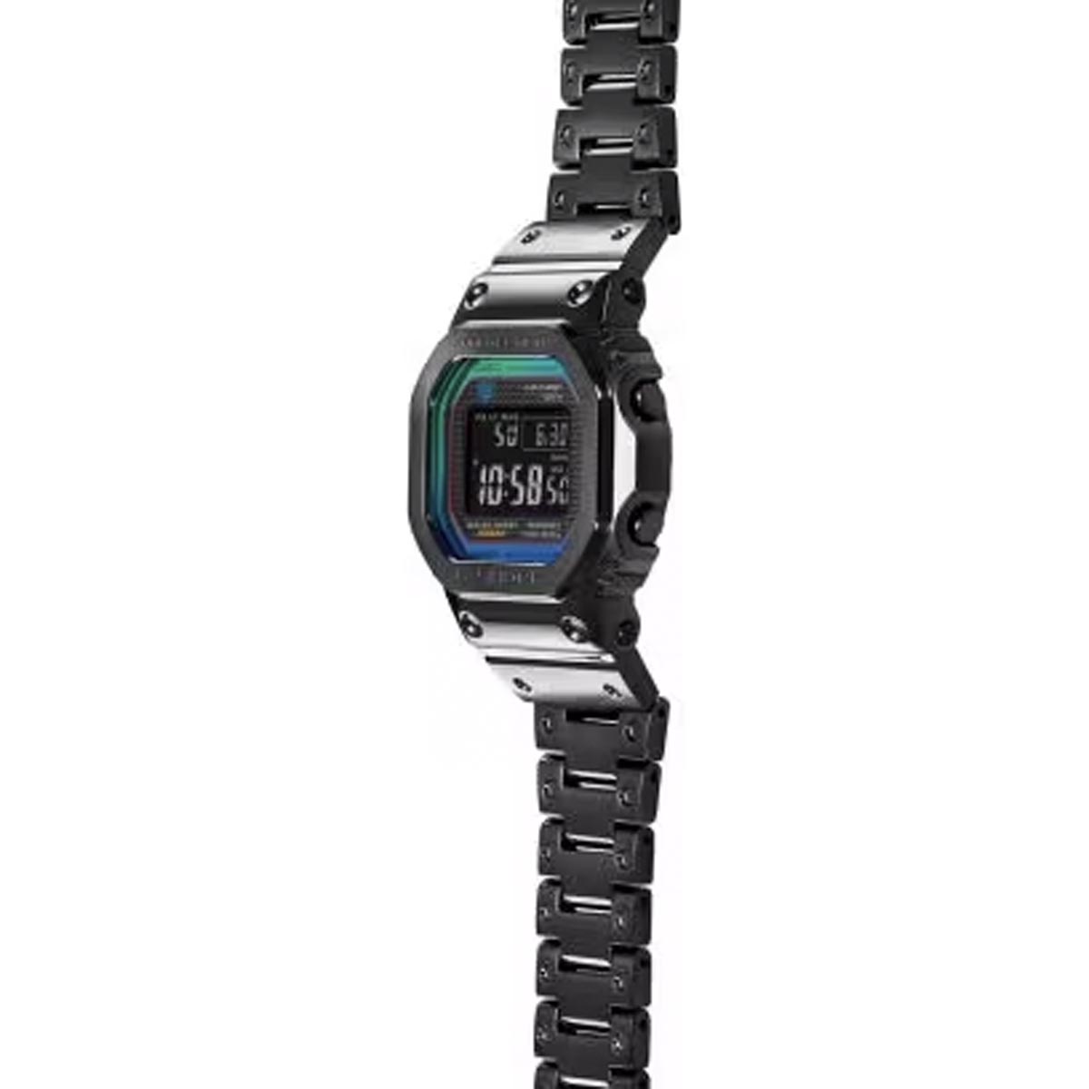 G Shock Mens Watch with Black Dial and Blue Polychromatic Bezel and Stainless Steel Band (solar movement)